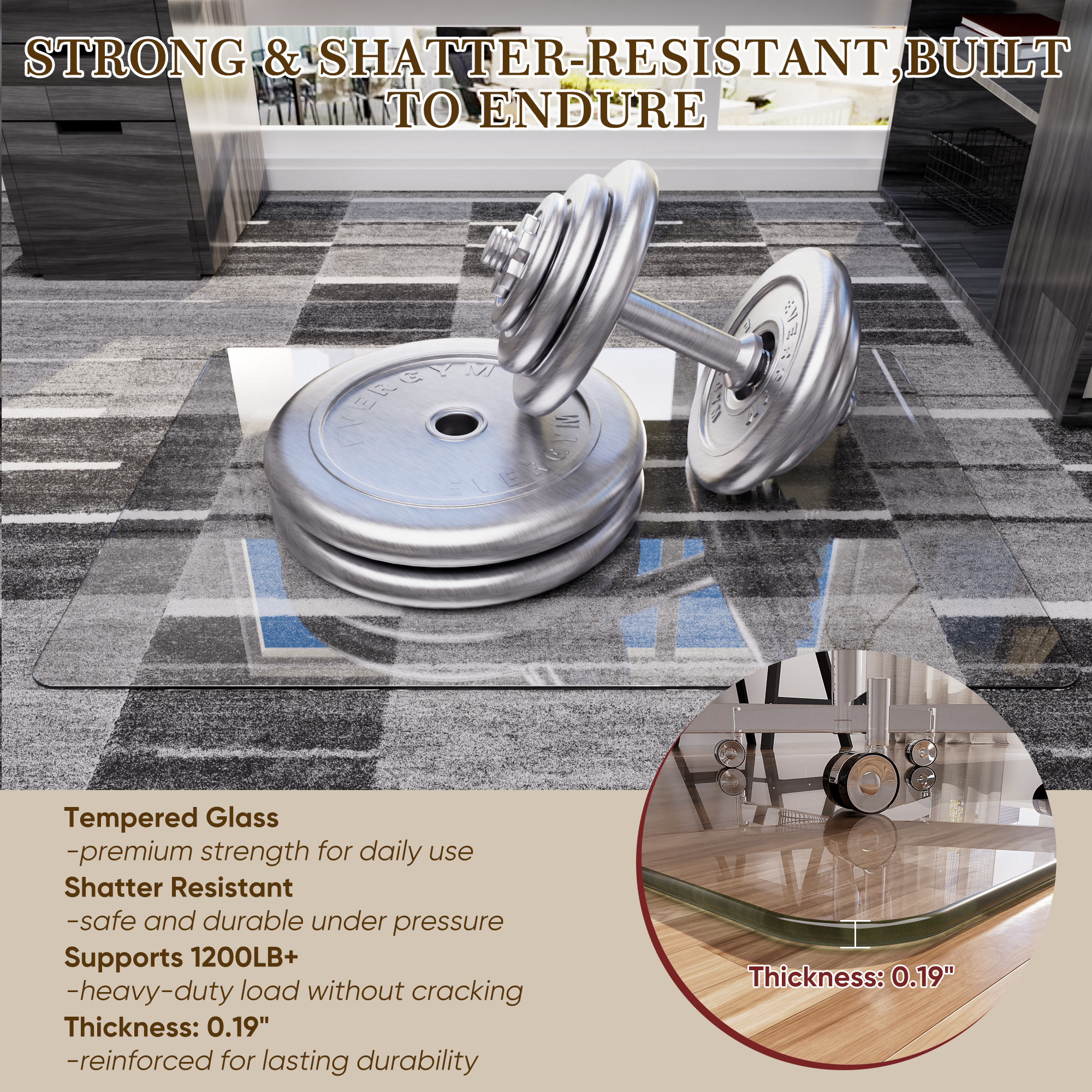 Tempered Glass Office Chair Mat for Carpet & Hardwood Floor, Clear Floor Protector Desk Chair Mat with Rounded and Polished Edges