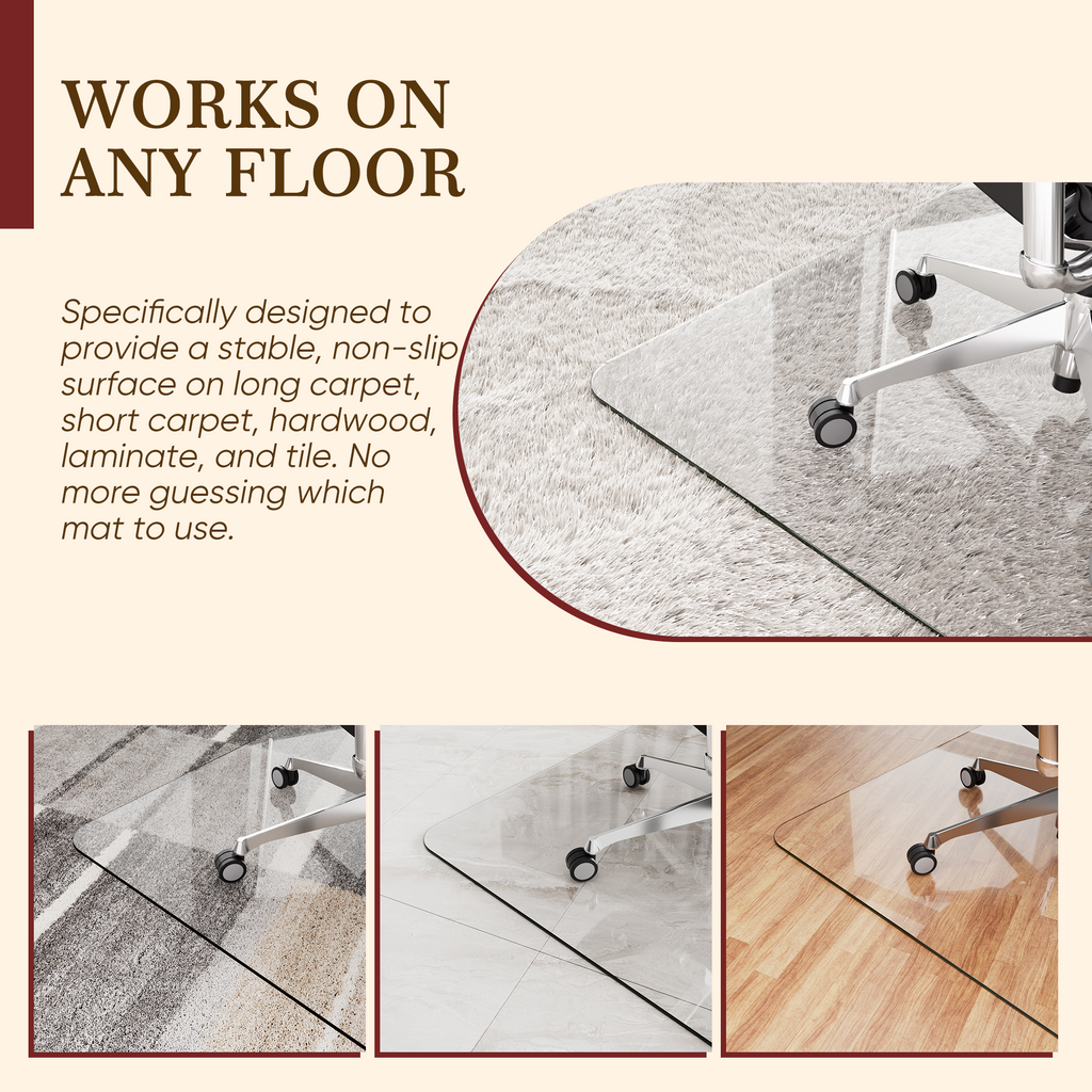 Tempered Glass Office Chair Mat for Carpet & Hardwood Floor, Clear Floor Protector Desk Chair Mat with Rounded and Polished Edges