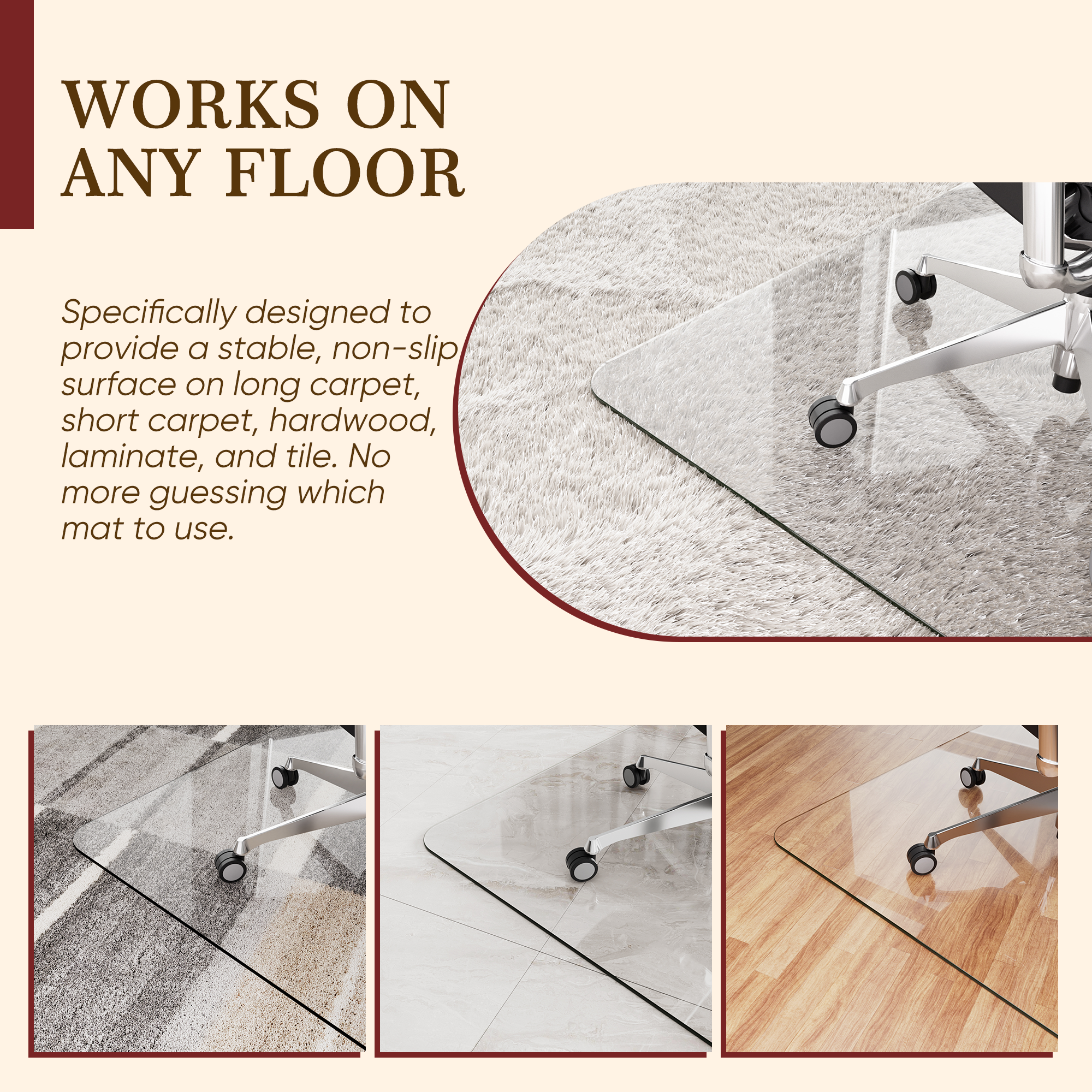 Tempered Glass Office Chair Mat for Carpet & Hardwood Floor, Clear Floor Protector Desk Chair Mat with Rounded and Polished Edges