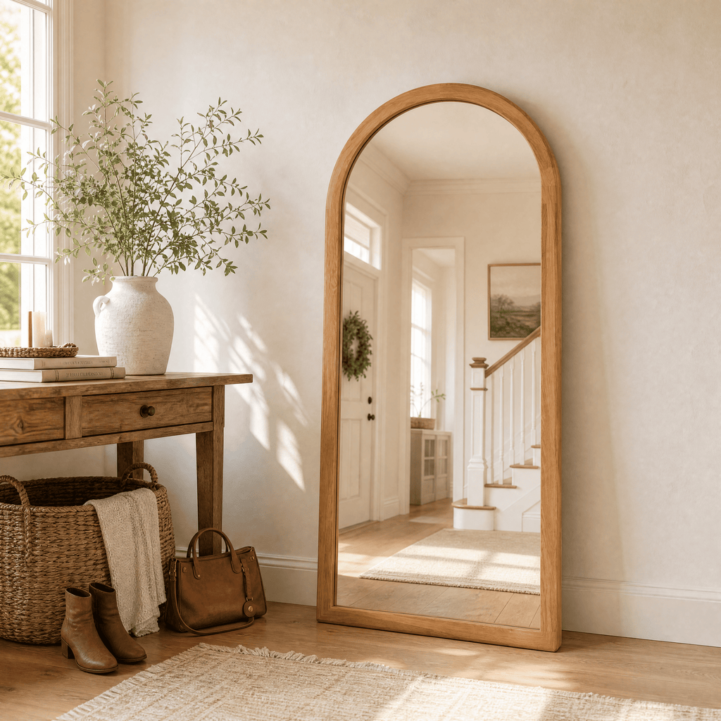 Homsion 80" x 38" Arched Full Length Mirror, Rustic Wood Frame Floor Mirror, Oversized Full Body Mirrors for Bedroom, Farmhouse Standing Mirror for Living Room, Entryway, Natural Oak