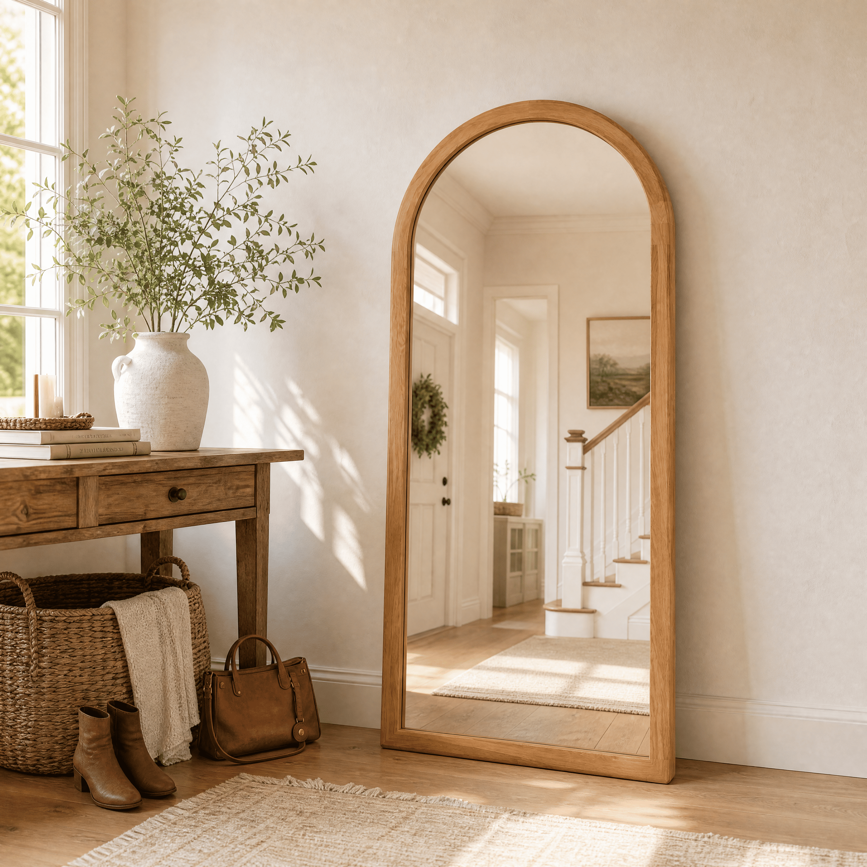 Homsion 80" x 38" Arched Full Length Mirror, Rustic Wood Frame Floor Mirror, Oversized Full Body Mirrors for Bedroom, Farmhouse Standing Mirror for Living Room, Entryway, Natural Oak