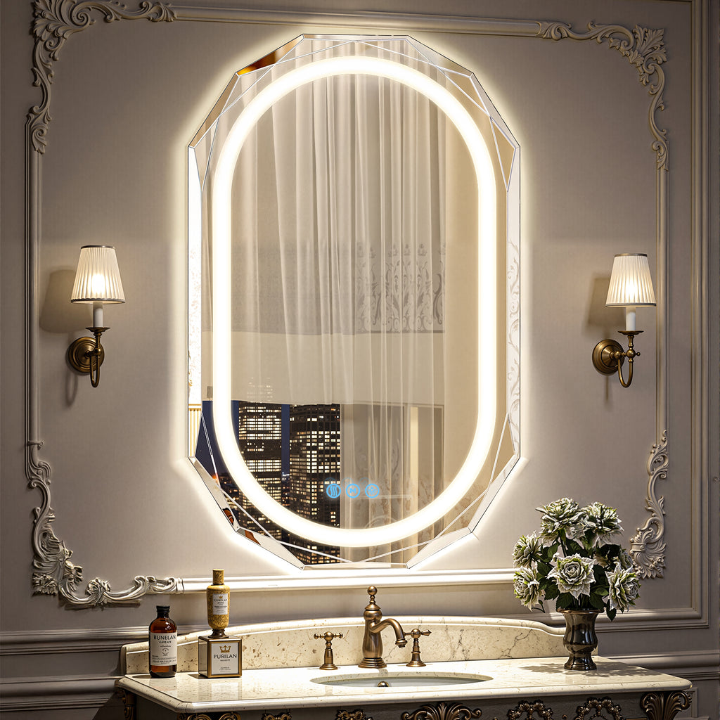 Homsion Oval LED Bathroom Mirror with Lights, Frameless Vanity LED Mirror for Bathroom with Beveled Edge, Backlit Anti-Fog, Dimmable, 3 Colors, Memory Function, Tempered Glass, Shatter-Proof