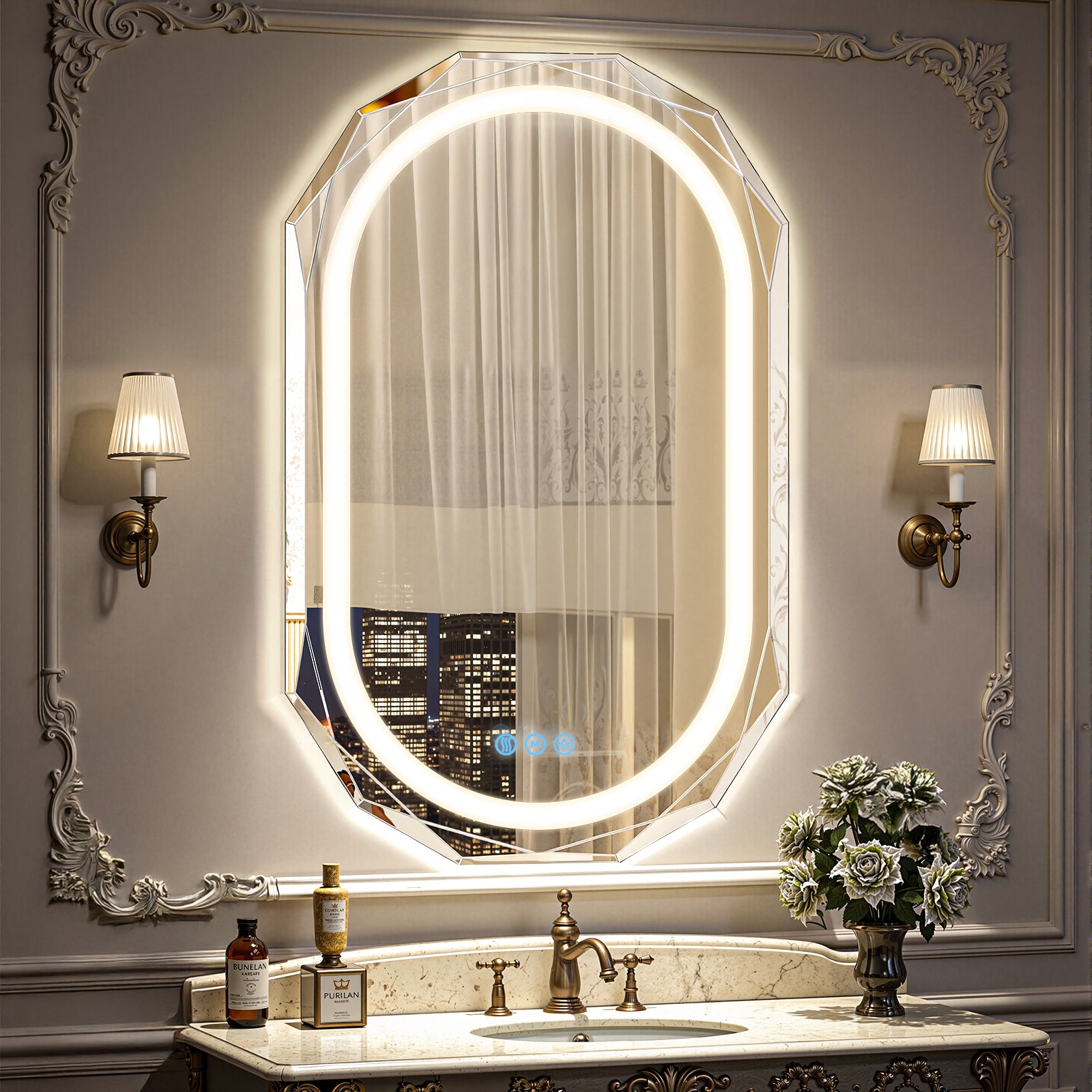 Homsion Oval LED Bathroom Mirror with Lights, Frameless Vanity LED Mirror for Bathroom with Beveled Edge, Backlit Anti-Fog, Dimmable, 3 Colors, Memory Function, Tempered Glass, Shatter-Proof