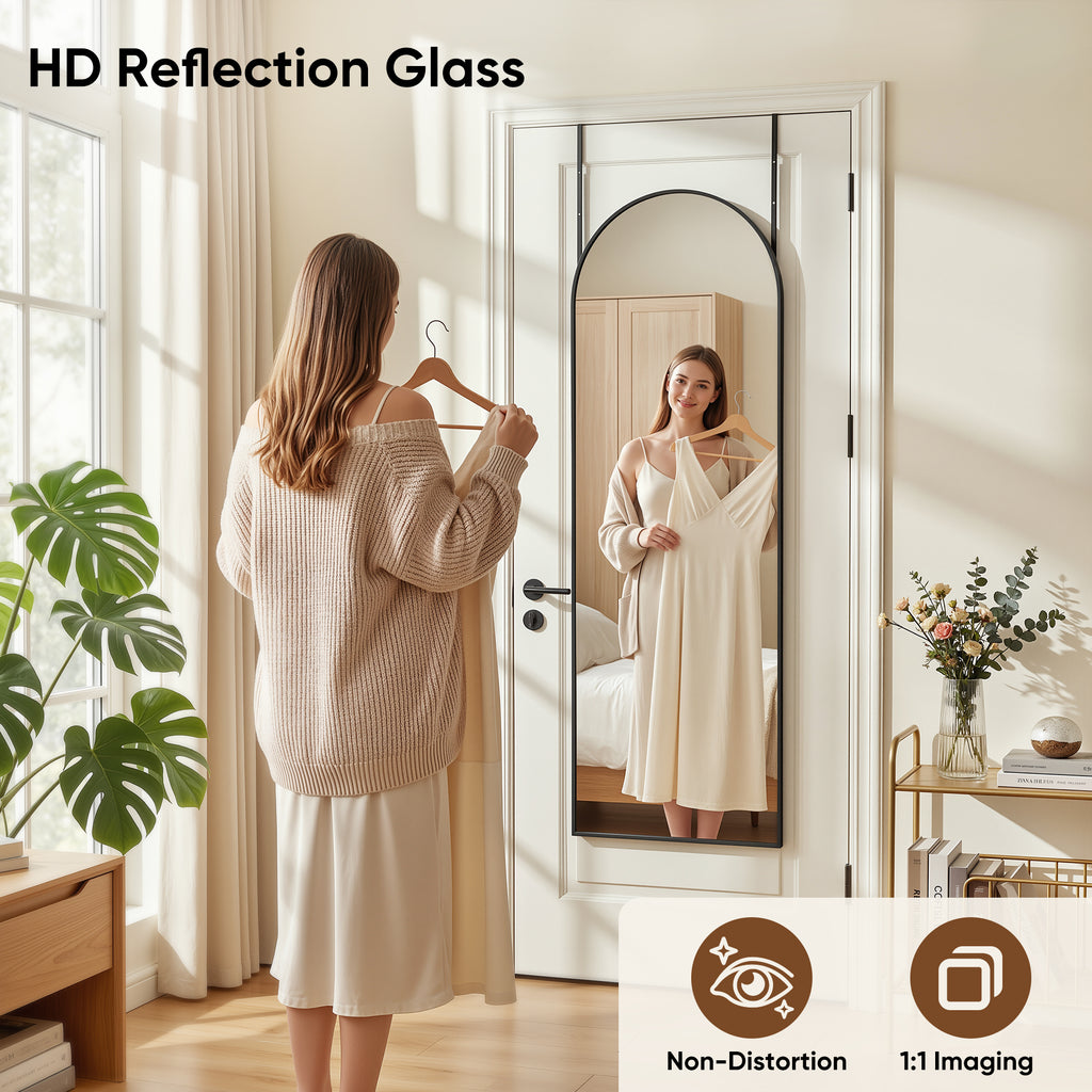 Homsion 58"x20" Over The Door Mirror, Arched Full Length Mirror with Aluminum Frame, Adjustable Hooks, Wall Mounted or Standing for Bedroom Living Room