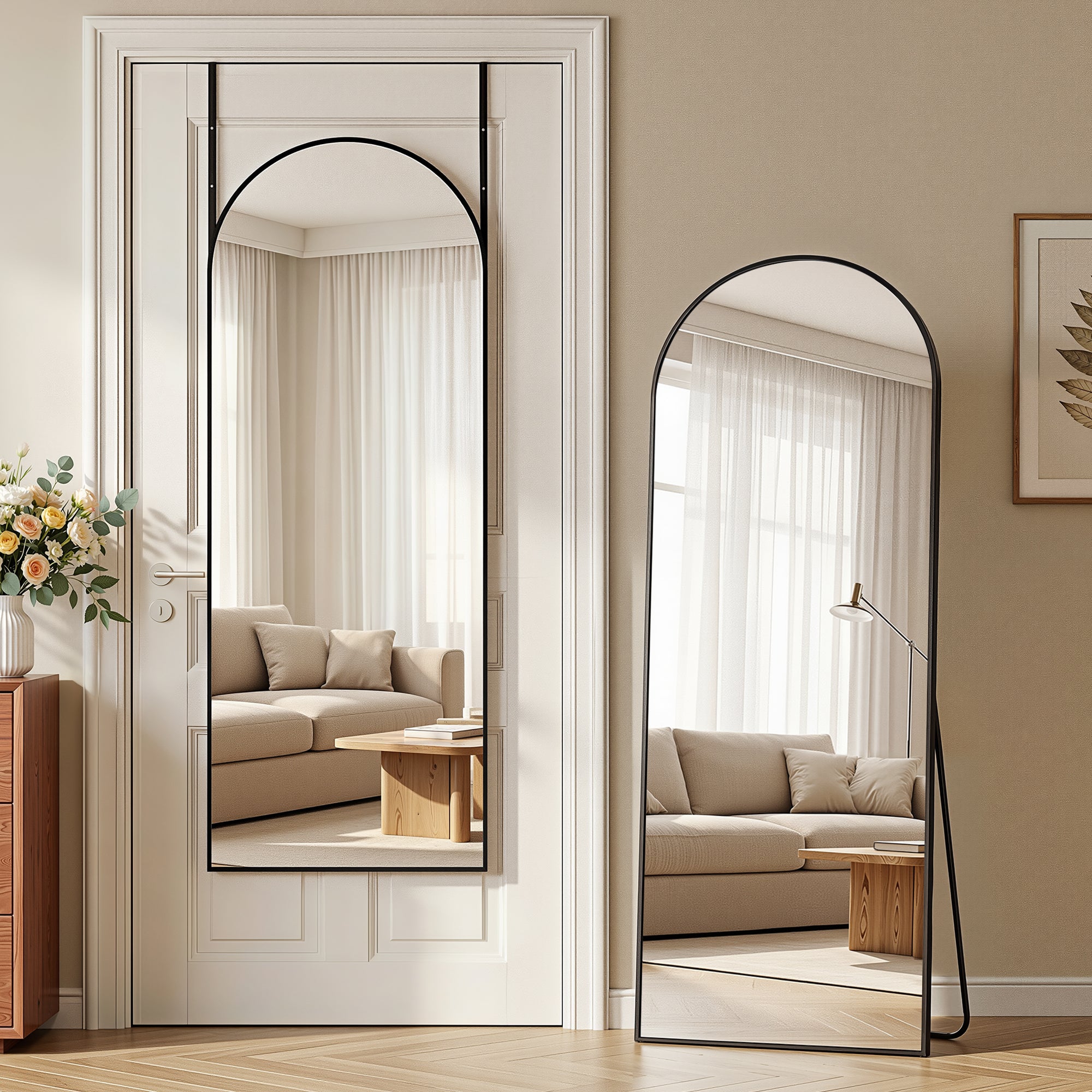 Homsion 58"x20" Over The Door Mirror, Arched Full Length Mirror with Aluminum Frame, Adjustable Hooks, Wall Mounted or Standing for Bedroom Living Room