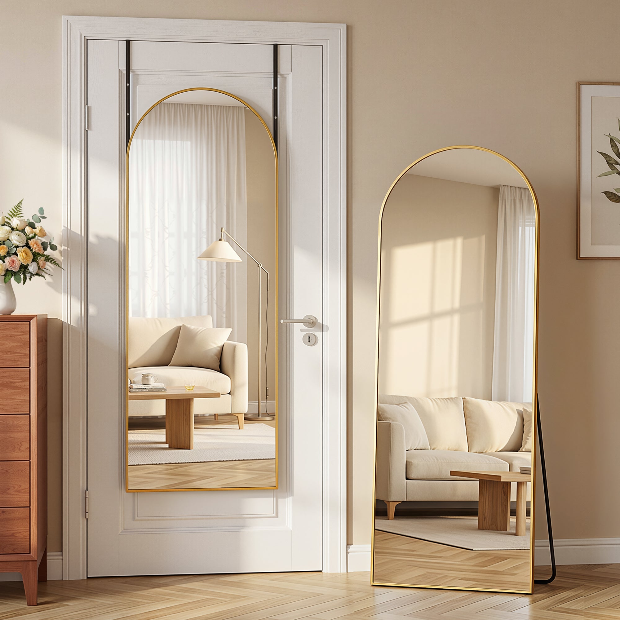 Homsion 58"x20" Over The Door Mirror, Arched Full Length Mirror with Aluminum Frame, Adjustable Hooks, Wall Mounted or Standing for Bedroom Living Room