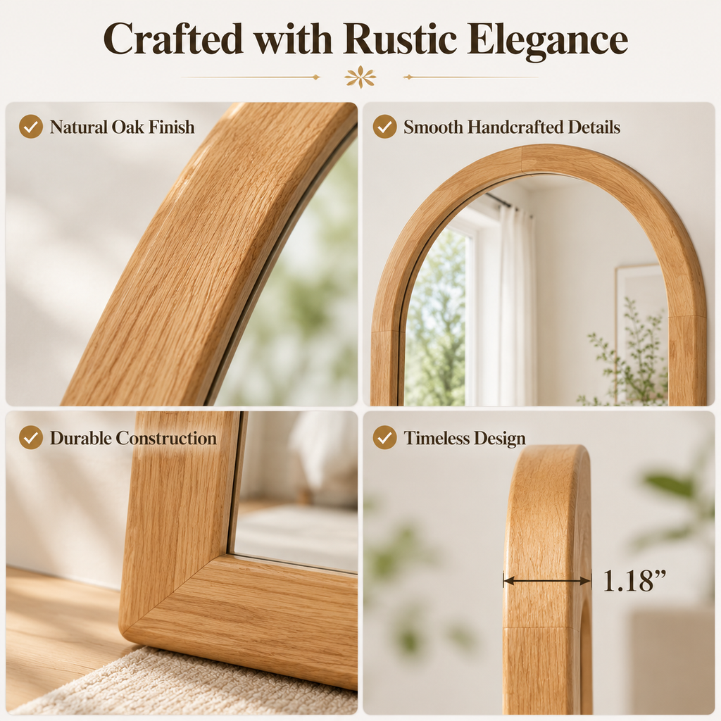Homsion 80" x 38" Arched Full Length Mirror, Rustic Wood Frame Floor Mirror, Oversized Full Body Mirrors for Bedroom, Farmhouse Standing Mirror for Living Room, Entryway, Natural Oak