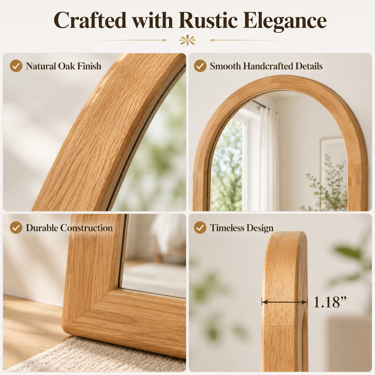 Homsion 80" x 38" Arched Full Length Mirror, Rustic Wood Frame Floor Mirror, Oversized Full Body Mirrors for Bedroom, Farmhouse Standing Mirror for Living Room, Entryway, Natural Oak
