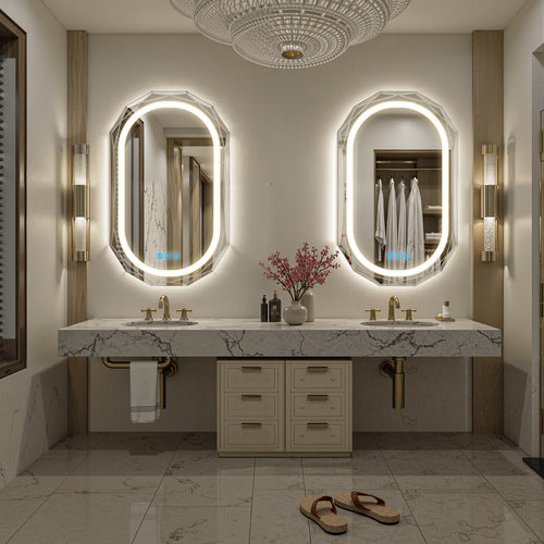 Homsion Oval LED Bathroom Mirror with Lights, Frameless Vanity LED Mirror for Bathroom with Beveled Edge, Backlit Anti-Fog, Dimmable, 3 Colors, Memory Function, Tempered Glass, Shatter-Proof