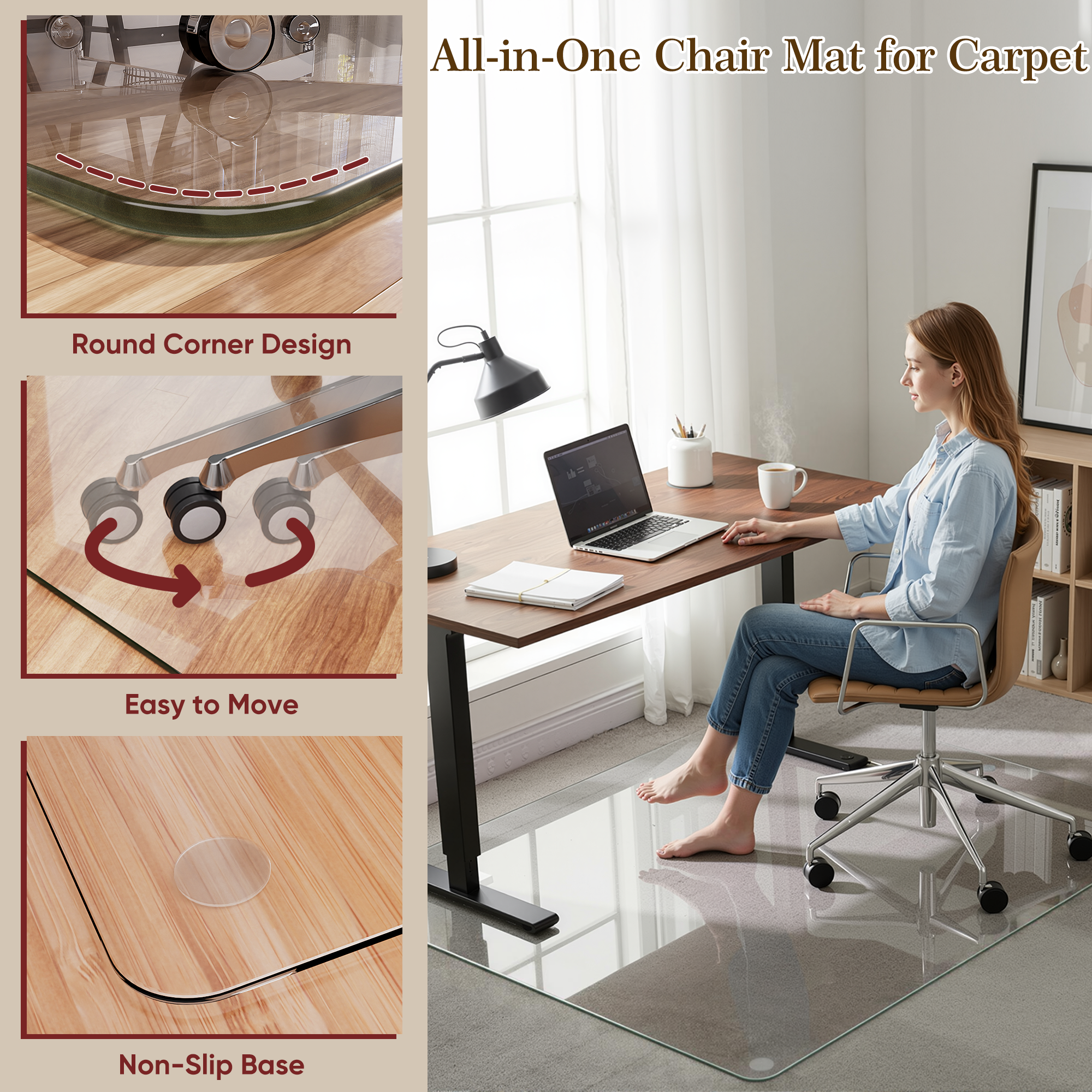Tempered Glass Office Chair Mat for Carpet & Hardwood Floor, Clear Floor Protector Desk Chair Mat with Rounded and Polished Edges