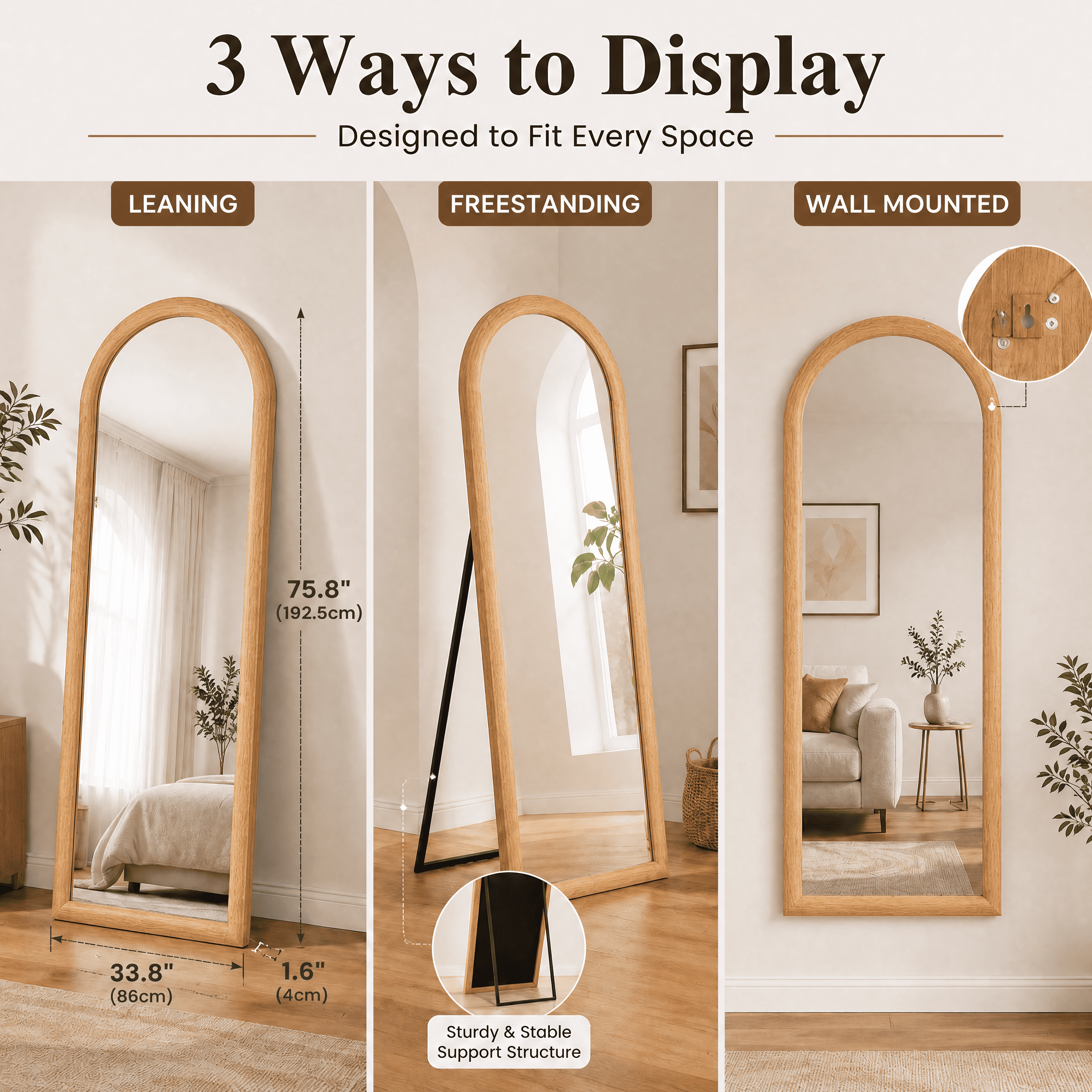 Homsion 80" x 38" Arched Full Length Mirror, Rustic Wood Frame Floor Mirror, Oversized Full Body Mirrors for Bedroom, Farmhouse Standing Mirror for Living Room, Entryway, Natural Oak