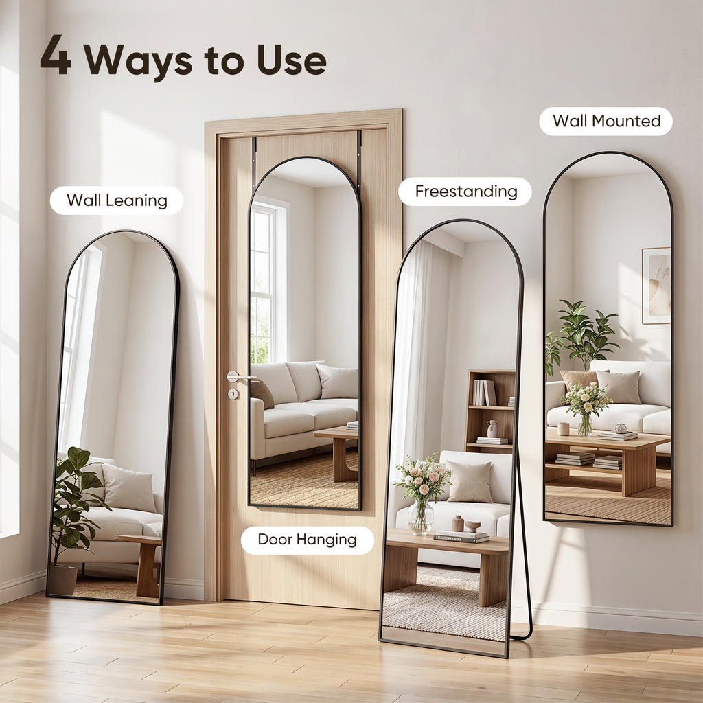 Homsion 58"x20" Over The Door Mirror, Arched Full Length Mirror with Aluminum Frame, Adjustable Hooks, Wall Mounted or Standing for Bedroom Living Room