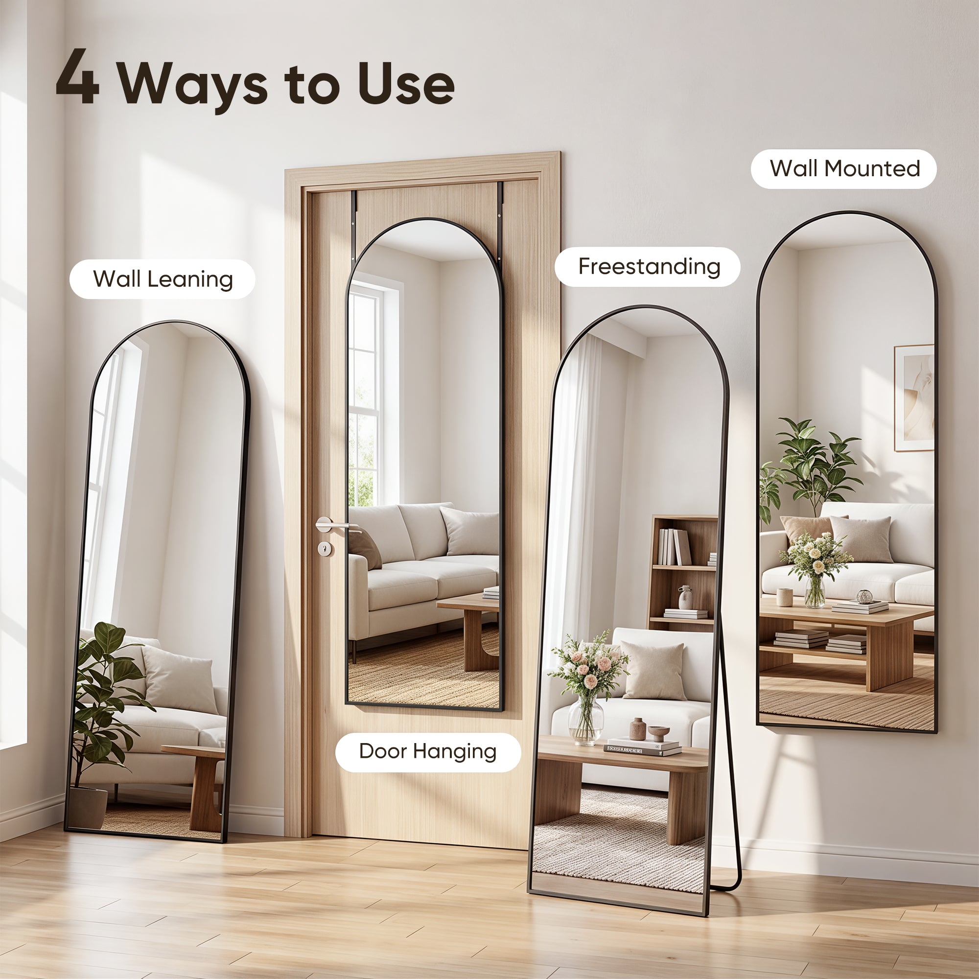 Homsion 58"x20" Over The Door Mirror, Arched Full Length Mirror with Aluminum Frame, Adjustable Hooks, Wall Mounted or Standing for Bedroom Living Room