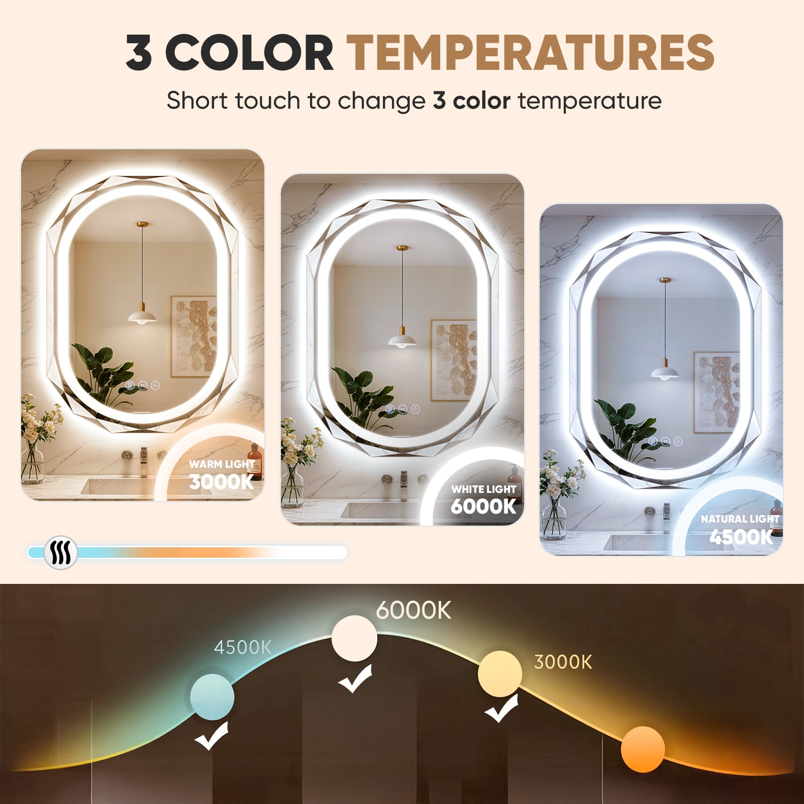 Homsion Oval LED Bathroom Mirror with Lights, Frameless Vanity LED Mirror for Bathroom with Beveled Edge, Backlit Anti-Fog, Dimmable, 3 Colors, Memory Function, Tempered Glass, Shatter-Proof