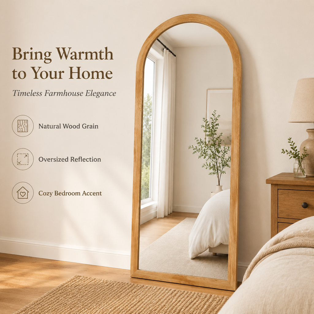 Homsion 80" x 38" Arched Full Length Mirror, Rustic Wood Frame Floor Mirror, Oversized Full Body Mirrors for Bedroom, Farmhouse Standing Mirror for Living Room, Entryway, Natural Oak