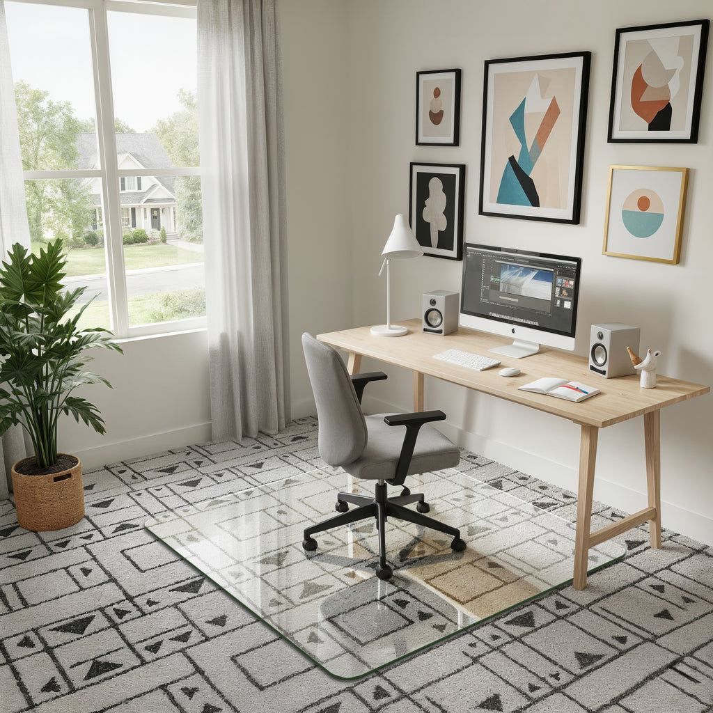 Tempered Glass Office Chair Mat for Carpet & Hardwood Floor, Clear Floor Protector Desk Chair Mat with Rounded and Polished Edges