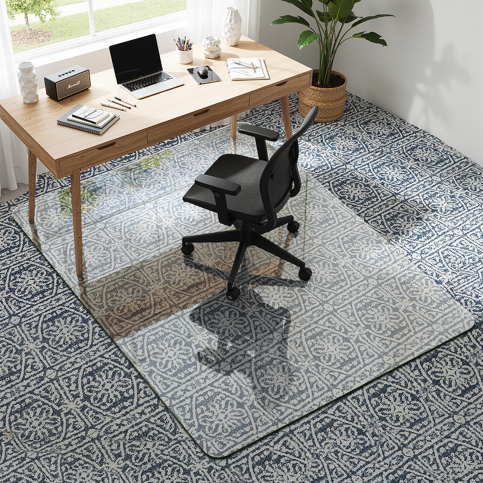 Tempered Glass Office Chair Mat for Carpet & Hardwood Floor, Clear Floor Protector Desk Chair Mat with Rounded and Polished Edges