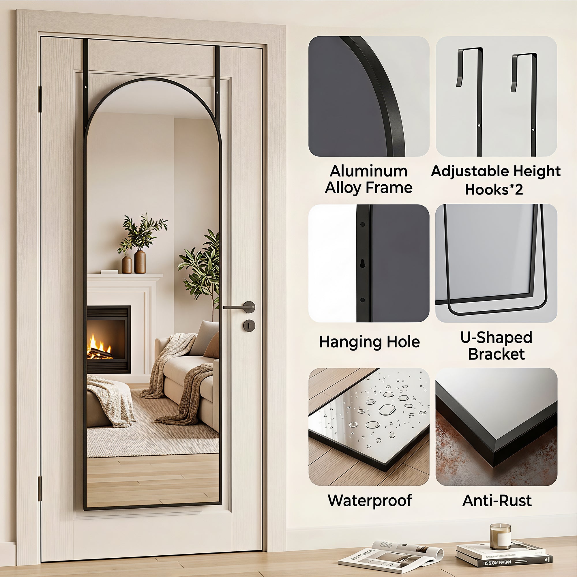 Homsion 58"x20" Over The Door Mirror, Arched Full Length Mirror with Aluminum Frame, Adjustable Hooks, Wall Mounted or Standing for Bedroom Living Room