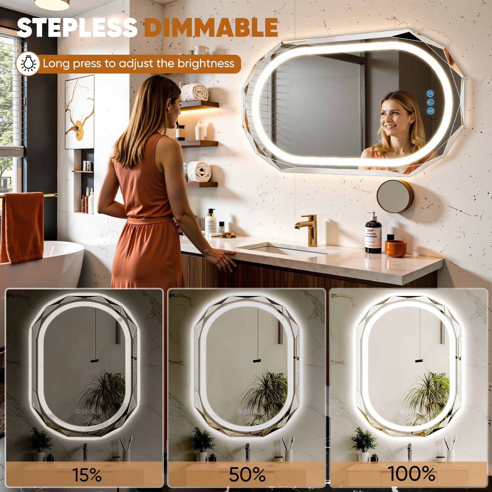 Homsion Oval LED Bathroom Mirror with Lights, Frameless Vanity LED Mirror for Bathroom with Beveled Edge, Backlit Anti-Fog, Dimmable, 3 Colors, Memory Function, Tempered Glass, Shatter-Proof