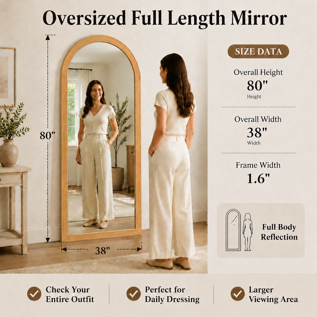 Homsion 80" x 38" Arched Full Length Mirror, Rustic Wood Frame Floor Mirror, Oversized Full Body Mirrors for Bedroom, Farmhouse Standing Mirror for Living Room, Entryway, Natural Oak
