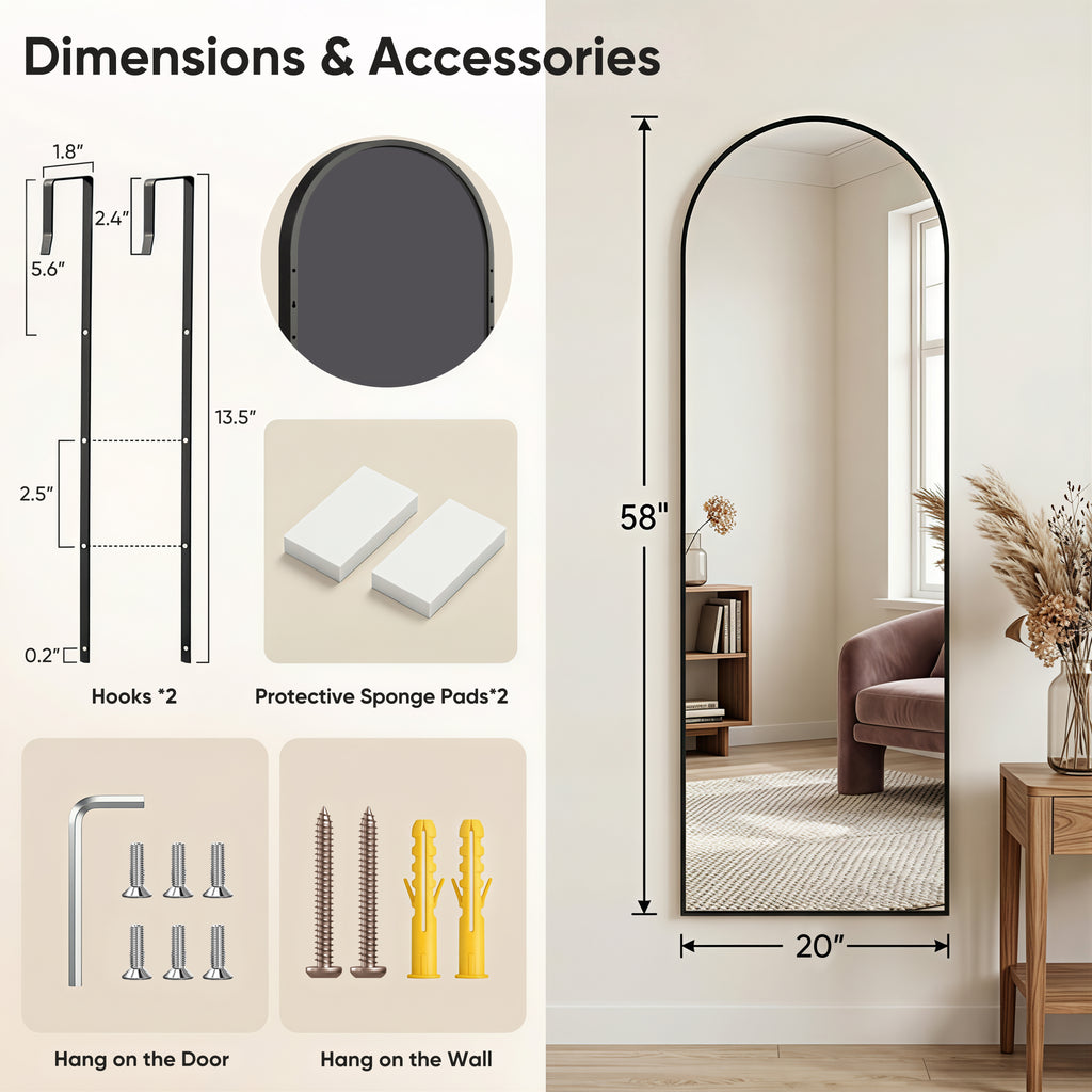 Homsion 58"x20" Over The Door Mirror, Arched Full Length Mirror with Aluminum Frame, Adjustable Hooks, Wall Mounted or Standing for Bedroom Living Room