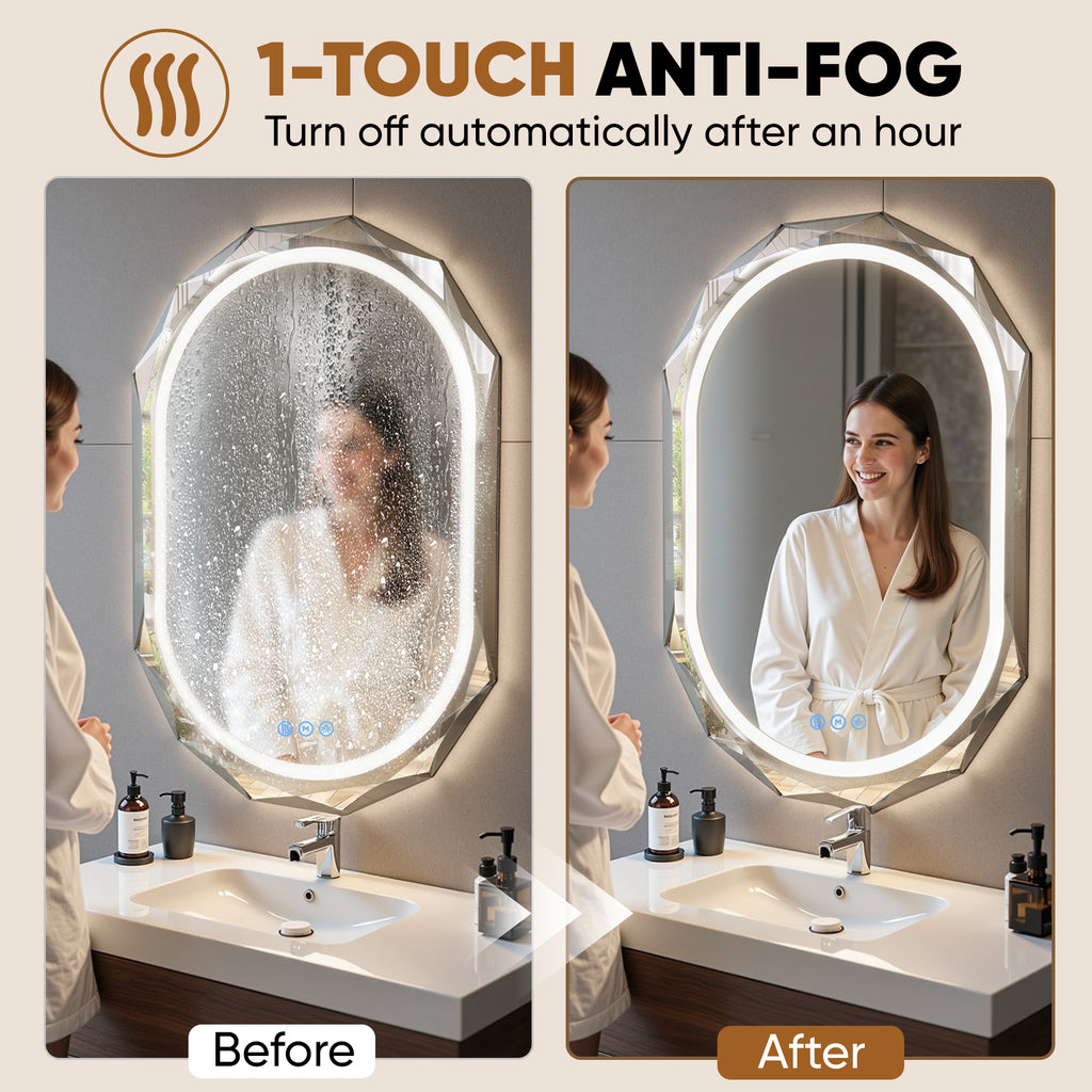 Homsion Oval LED Bathroom Mirror with Lights, Frameless Vanity LED Mirror for Bathroom with Beveled Edge, Backlit Anti-Fog, Dimmable, 3 Colors, Memory Function, Tempered Glass, Shatter-Proof