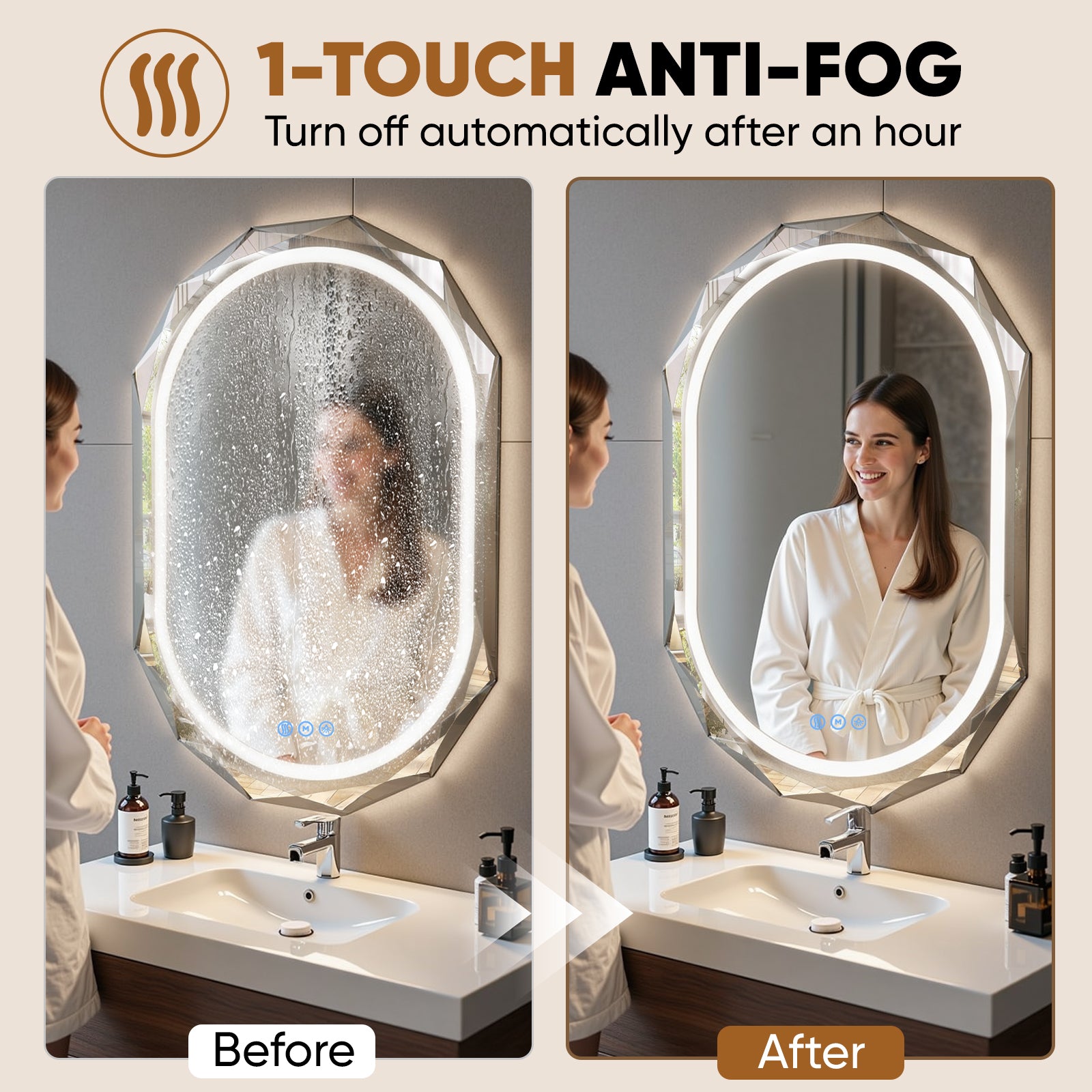 Homsion Oval LED Bathroom Mirror with Lights, Frameless Vanity LED Mirror for Bathroom with Beveled Edge, Backlit Anti-Fog, Dimmable, 3 Colors, Memory Function, Tempered Glass, Shatter-Proof