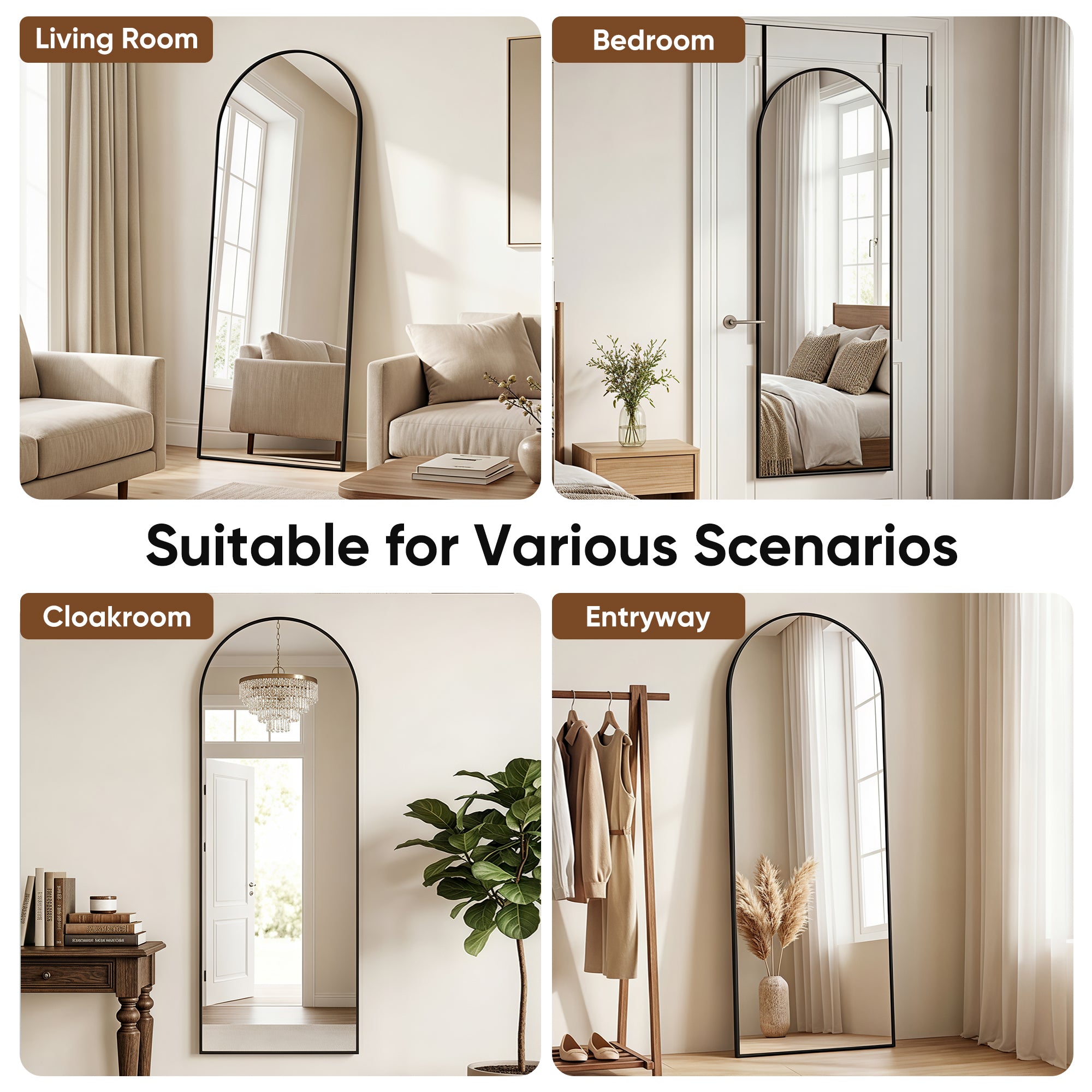 Homsion 58"x20" Over The Door Mirror, Arched Full Length Mirror with Aluminum Frame, Adjustable Hooks, Wall Mounted or Standing for Bedroom Living Room