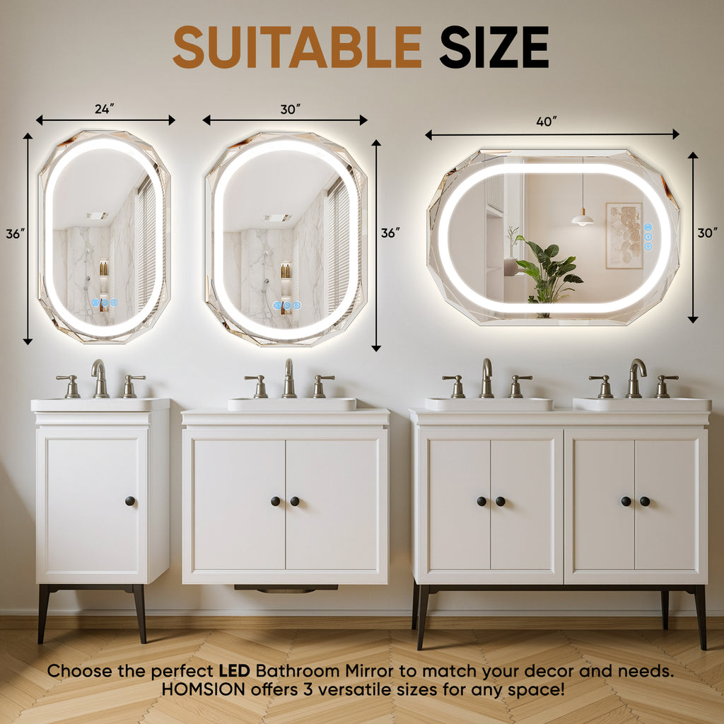 Homsion Oval LED Bathroom Mirror with Lights, Frameless Vanity LED Mirror for Bathroom with Beveled Edge, Backlit Anti-Fog, Dimmable, 3 Colors, Memory Function, Tempered Glass, Shatter-Proof