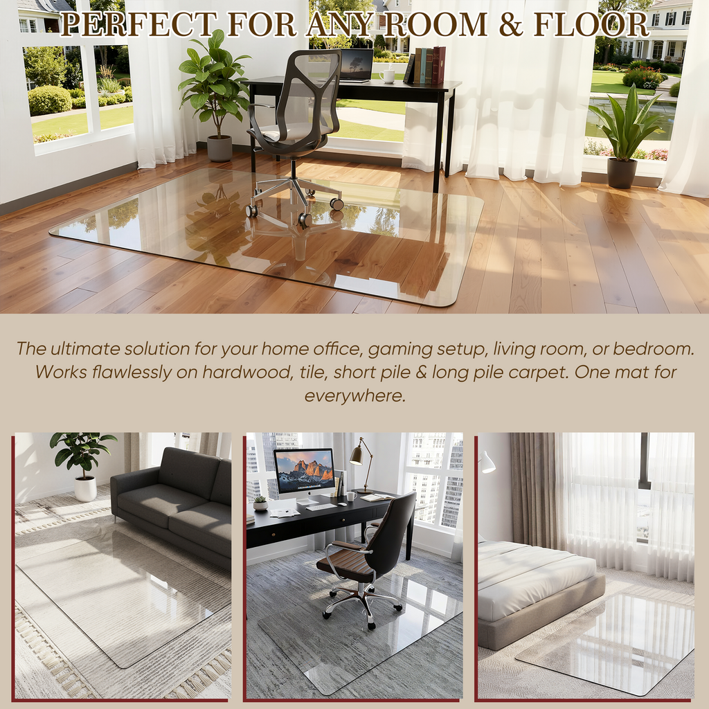 Tempered Glass Office Chair Mat for Carpet & Hardwood Floor, Clear Floor Protector Desk Chair Mat with Rounded and Polished Edges